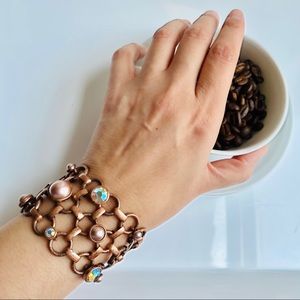 Rose Copper Weaved Crystals Pearls Clasp Bracelet